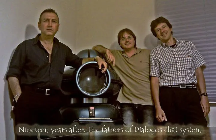 The Dialogos team reunited around the original terminal: from left, Delfo Toscano, Salvo De Luca and Salvo Squatrito
