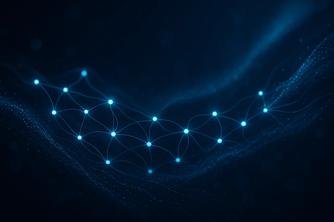 Rappresentazione astratta dell'intelligenza artificiale: una rete di nodi luminosi connessi su sfondo scuro