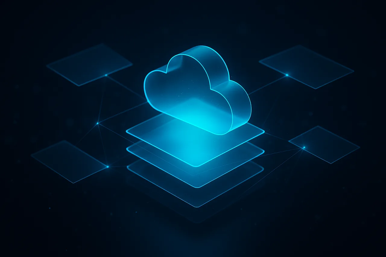 Architettura software cloud astratta: livelli luminosi su sfondo scuro