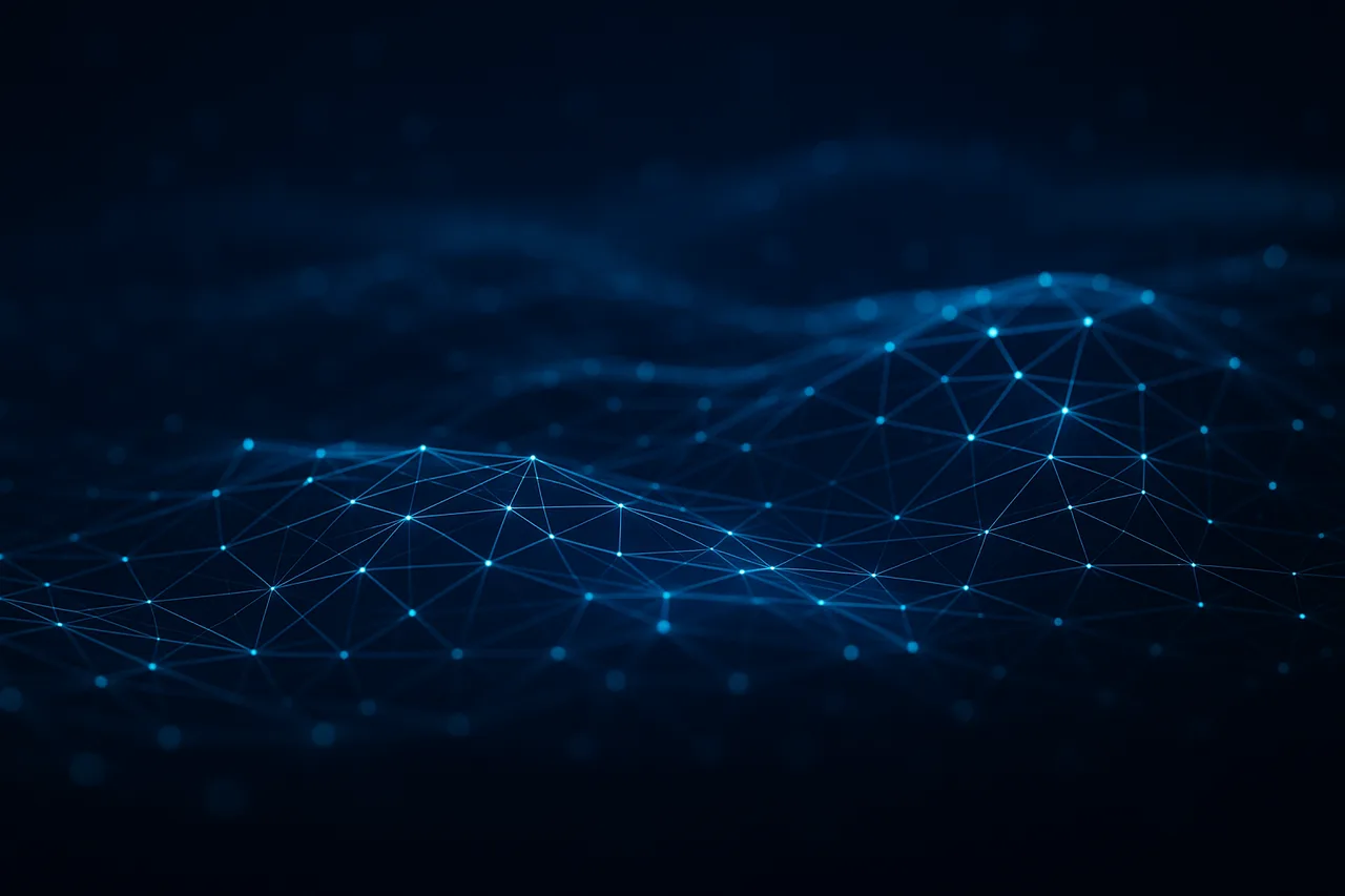 Rappresentazione astratta del web: una griglia tridimensionale di linee e punti luminosi su sfondo scuro