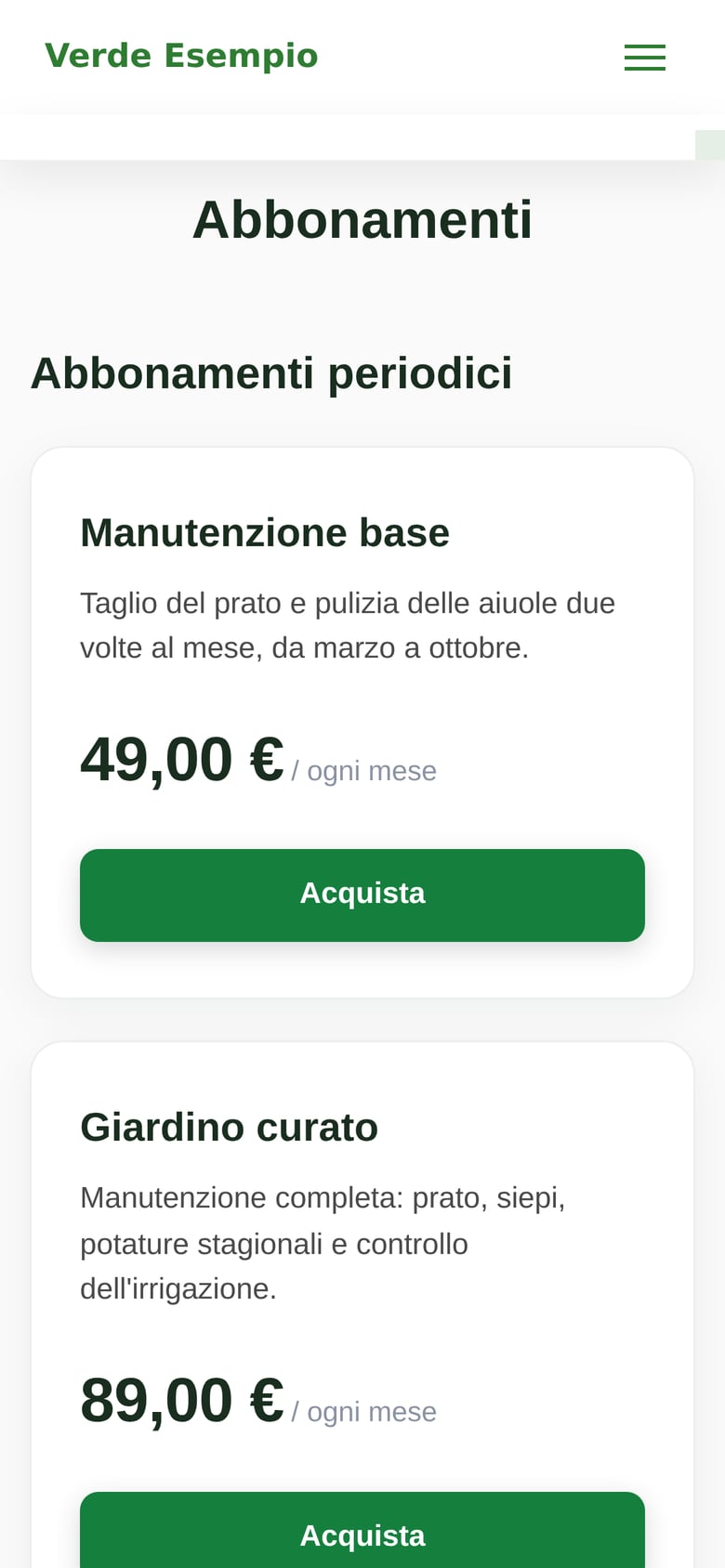 The subscriptions page of a gardener's site, on a phone: two maintenance plans with their monthly price and a buy button (Italian interface).