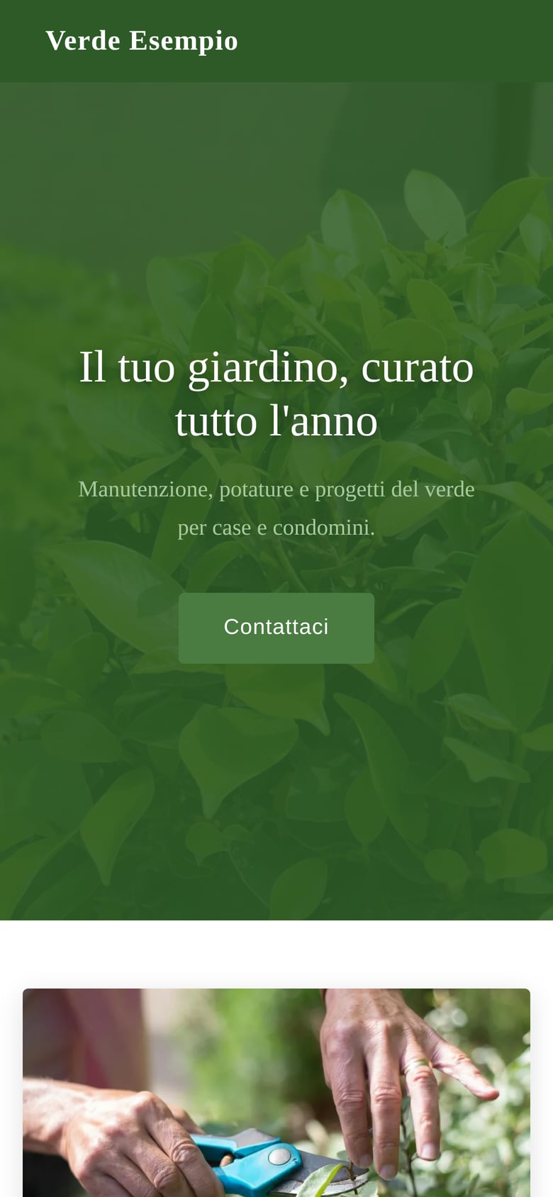 Il sito di un giardiniere d'esempio generato da Giardiniamo, visto sul telefono: titolo, sottotitolo e pulsante per il contatto.