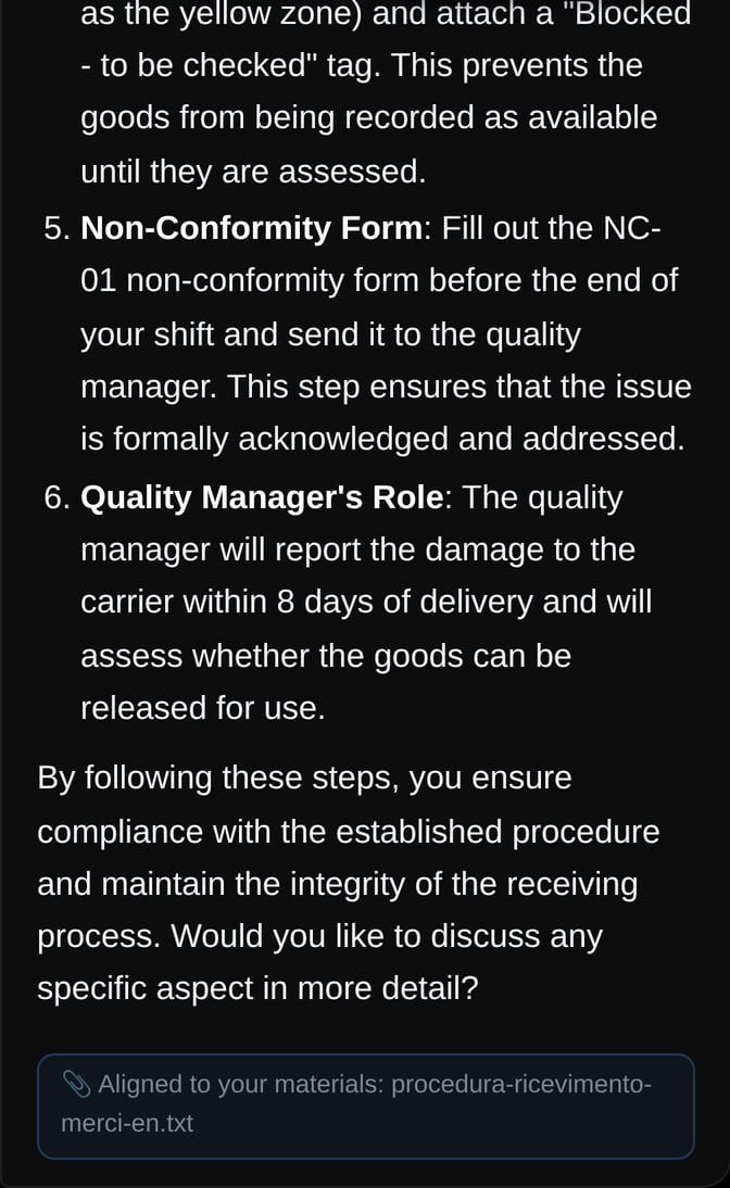 App screenshot on a phone: the end of an answer about what to check when a damaged pallet arrives, based on a sample internal procedure and marked “Aligned to your materials”.
