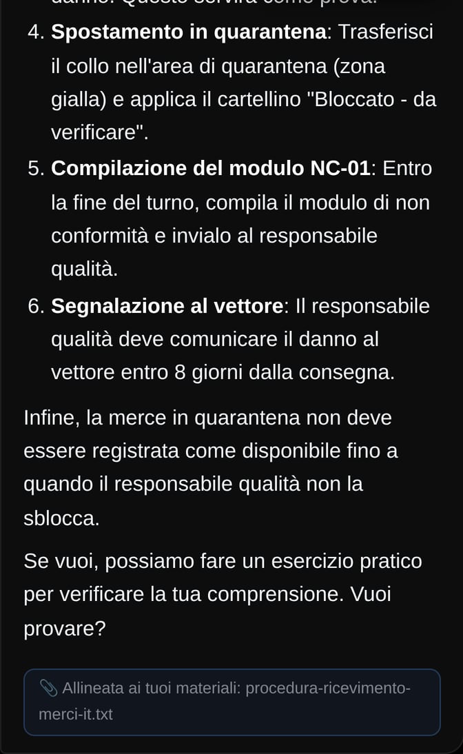Schermata dell’app su telefono: la fine di una risposta sui controlli da fare quando arriva un bancale danneggiato, costruita su una procedura interna di esempio, con il segno «Allineata ai tuoi materiali».