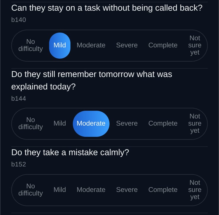 App screenshot: three ICF profile questions with their codes (b140, b144, b152) and the levels from “No difficulty” to “Not sure yet”; the first two have a level selected.