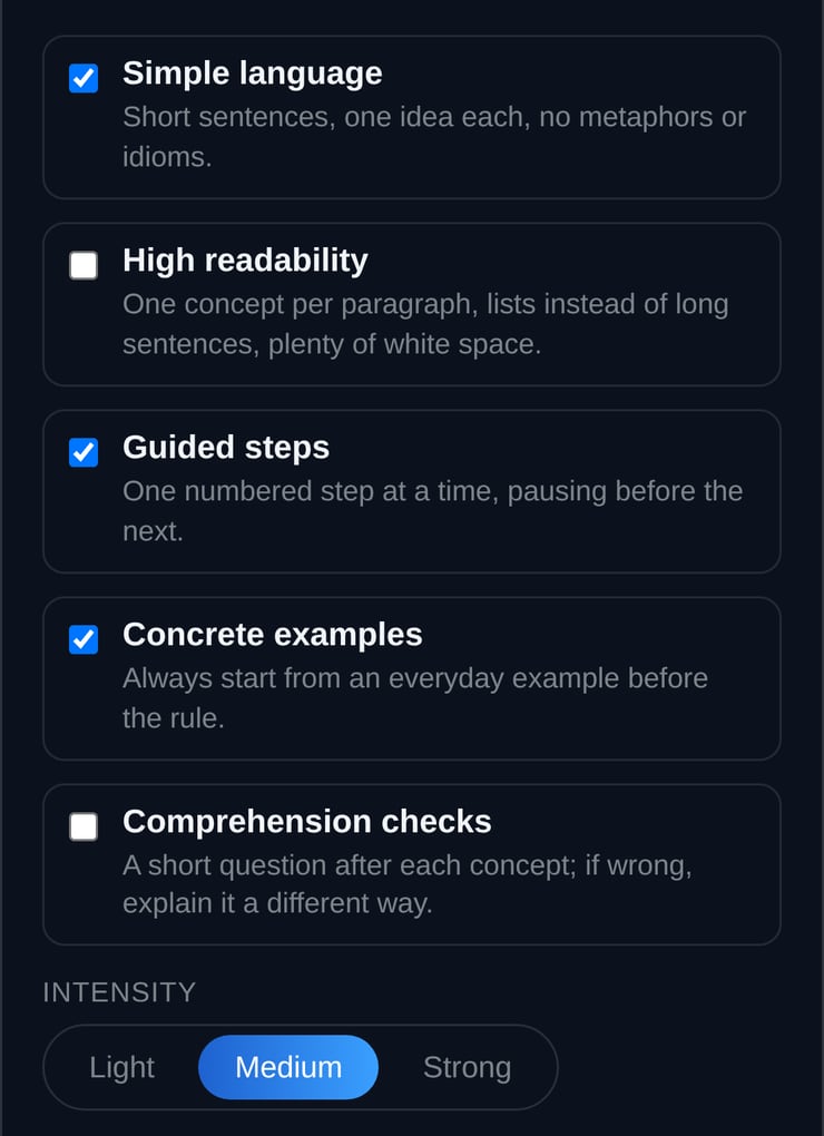App screenshot on a phone: in the Inclusive teaching window, the five aspects with a checkbox each (simple language, guided steps and concrete examples switched on) and the intensity below, set to Medium.