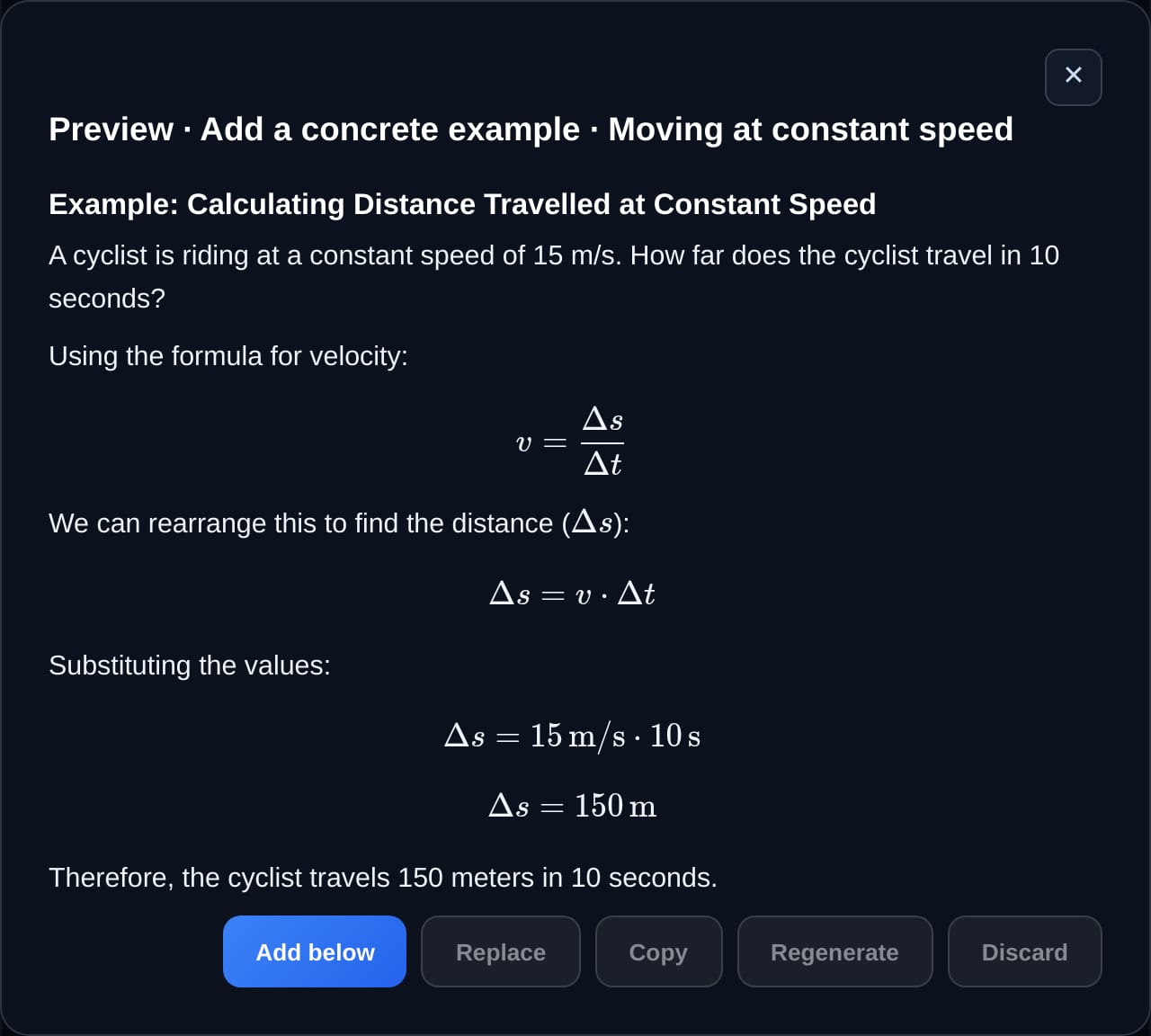 App screenshot: the preview of a practical example added to a section of the lesson, with the Add below, Replace, Copy, Regenerate and Discard buttons.