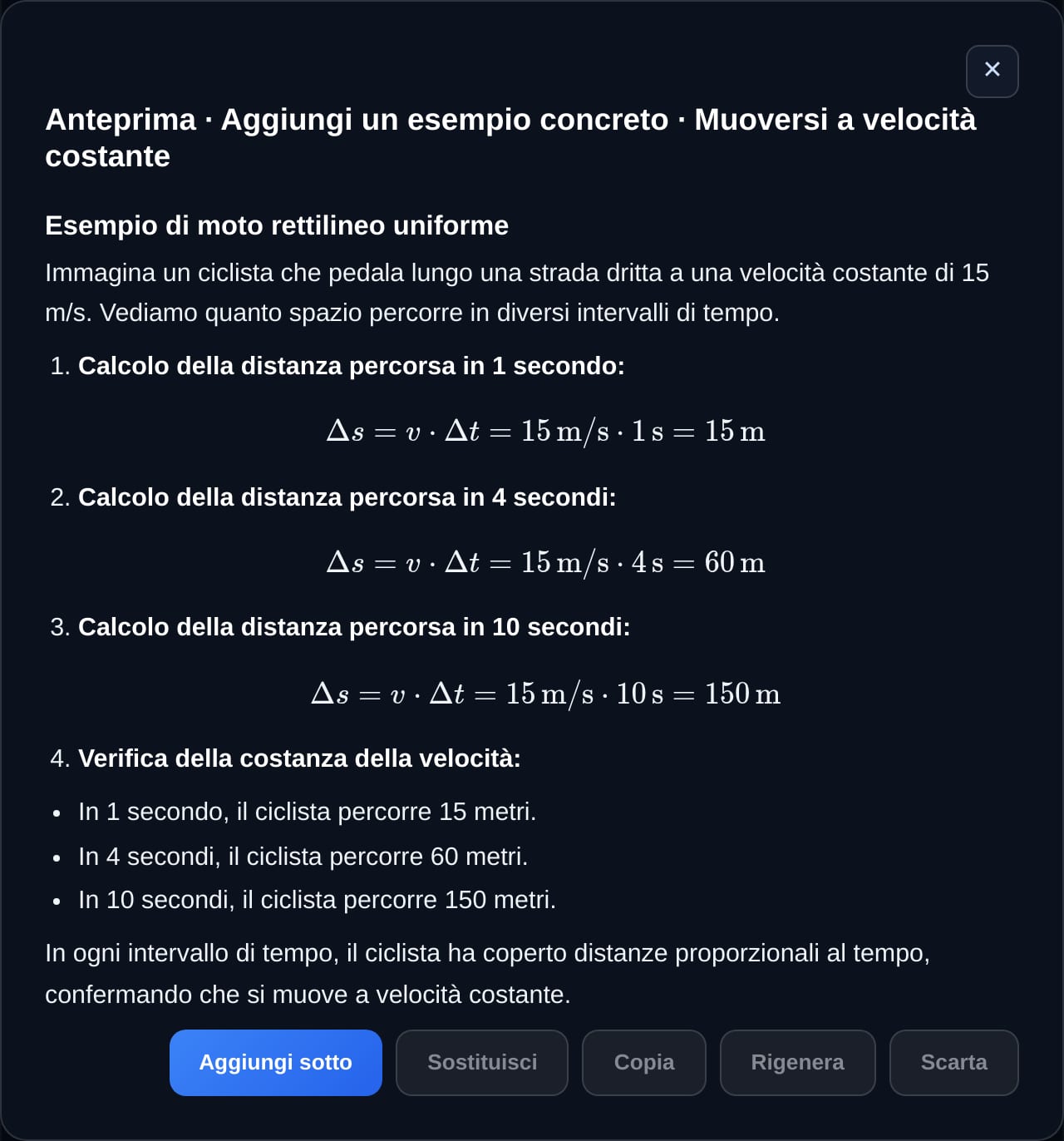 Schermata dell’app: l’anteprima di un esempio concreto aggiunto a una sezione della lezione, con i comandi Aggiungi sotto, Sostituisci, Copia, Rigenera e Scarta.