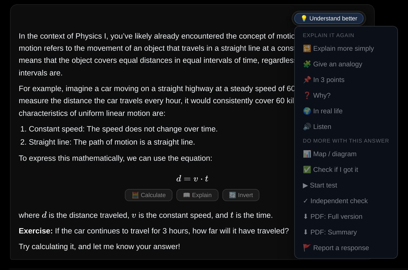 App screenshot: an answer on uniform linear motion with the Understand better menu open: Explain more simply, Give an analogy, In 3 points, Why?, In real life, Listen, and below Map, Check if I got it, Start test.