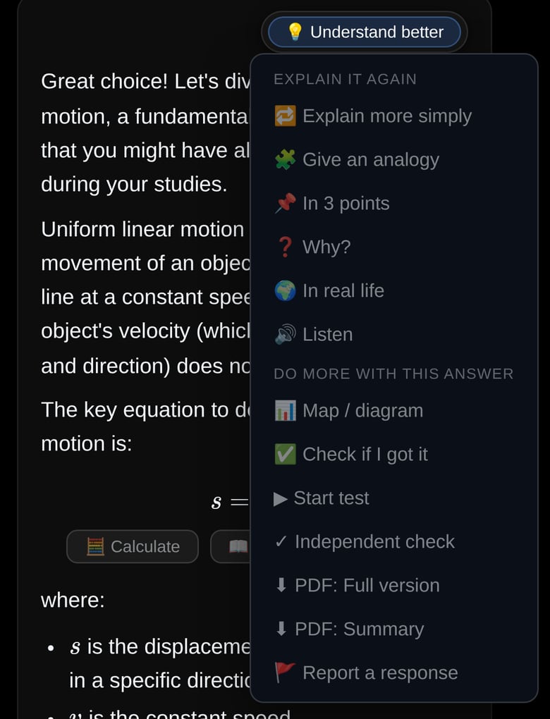 App screenshot on a phone: the Understand better menu open on an answer, with PDF: Full version and PDF: Summary among the other commands.