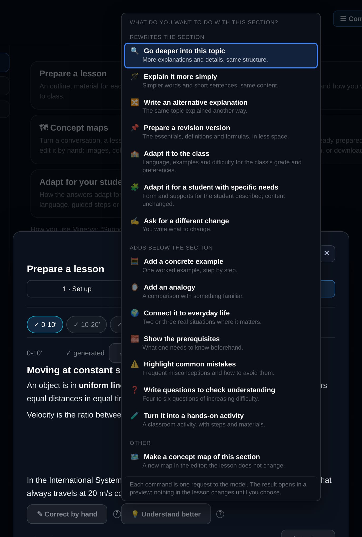 App screenshot: the Understand better menu open on one section of a lesson, with the commands that rewrite the section and those that add content below it, each with a line explaining what it does.