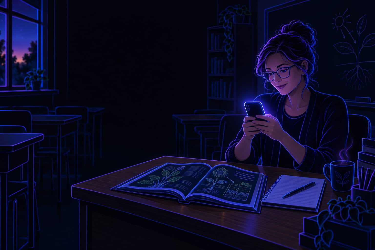 Un’insegnante, seduta alla cattedra in un’aula vuota a fine giornata, prepara la lezione sullo smartphone accanto al libro di scienze aperto.