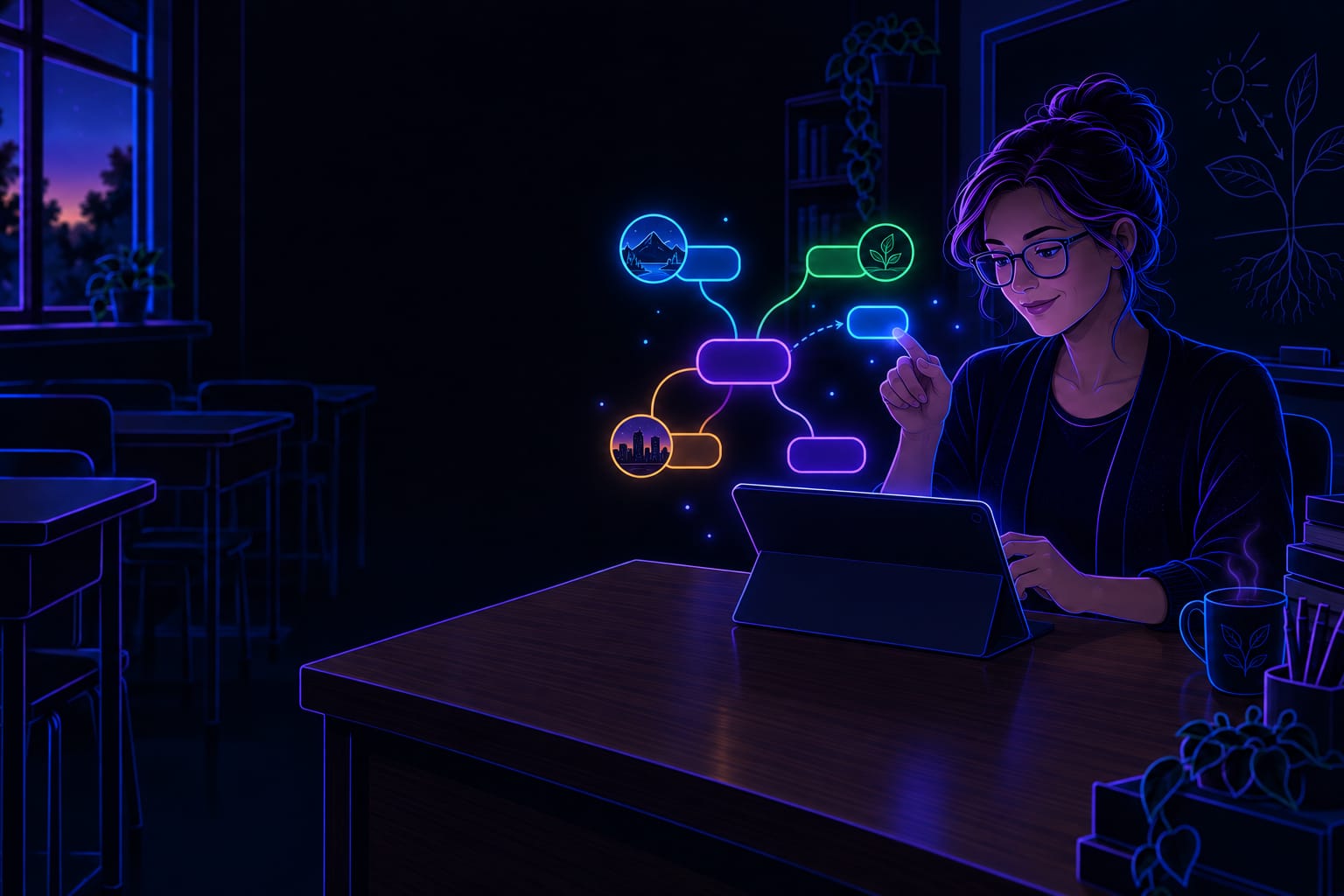 La stessa insegnante, alla cattedra, sposta con un dito un nodo di una mappa concettuale luminosa che si apre sopra il tablet.