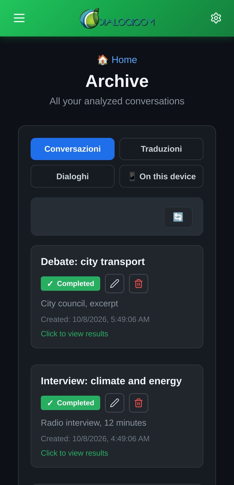 The archive of analysed conversations, with the title, description and date of each.