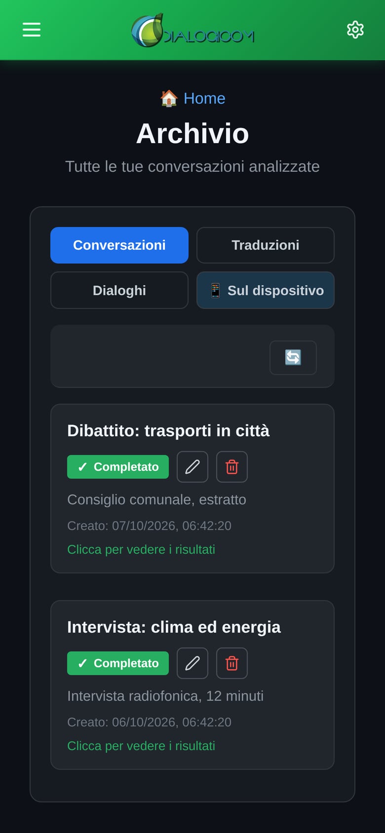 L'archivio delle conversazioni analizzate, con titolo, descrizione e data di ciascuna.