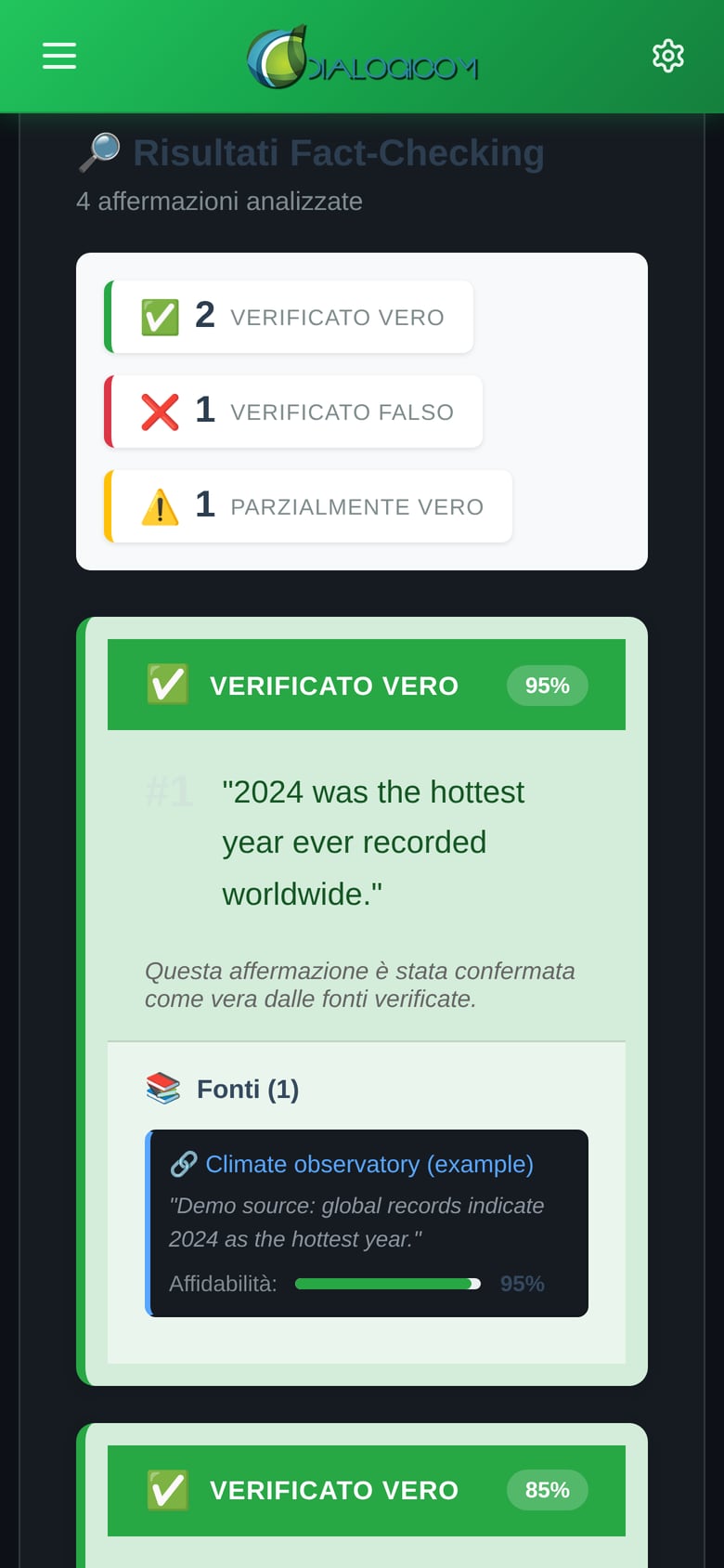TalkCheck on a phone: the results of an interview, two claims verified as true, one false and one partially true, with the source and its reliability.