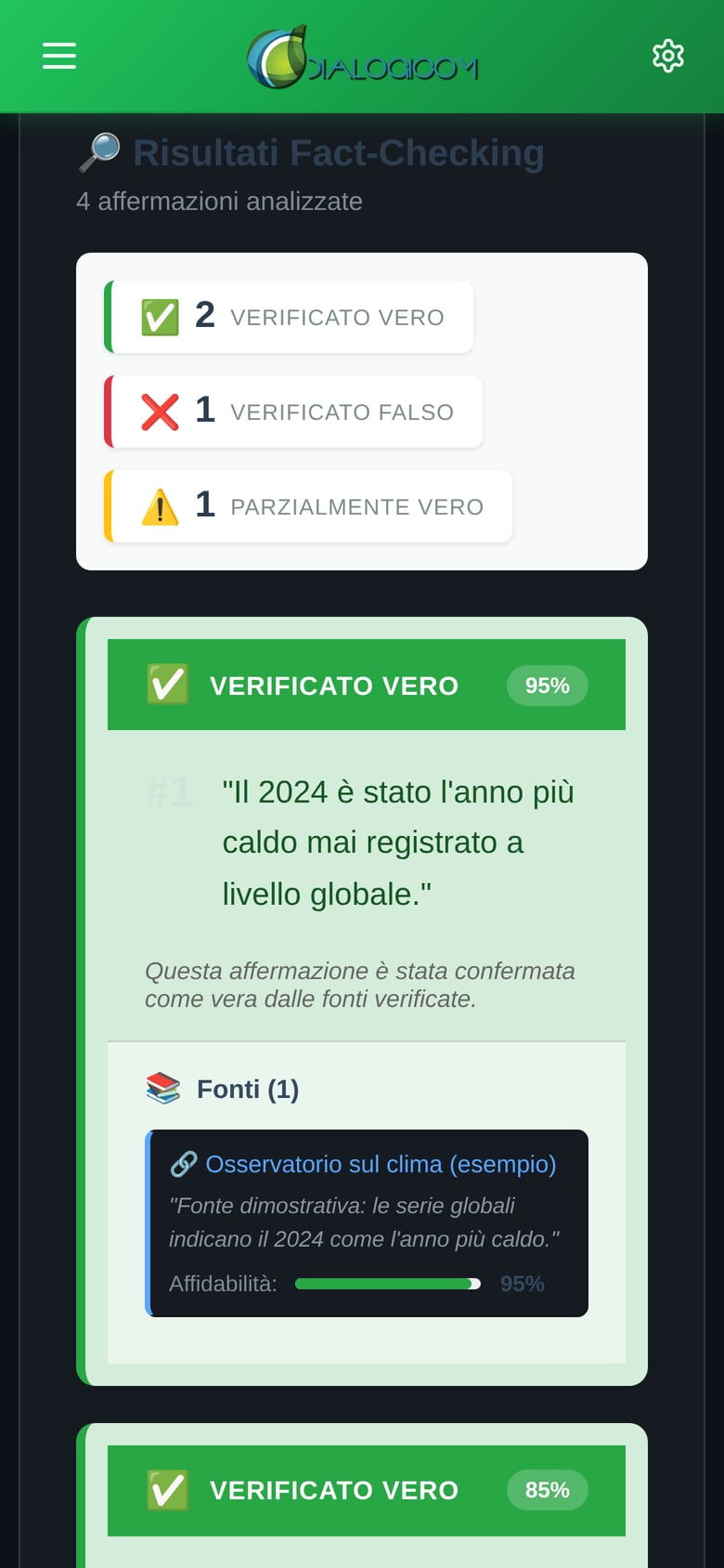 TalkCheck sul telefono: i risultati di un'intervista, due affermazioni verificate vere, una falsa e una parzialmente vera, con la fonte e la sua affidabilità.