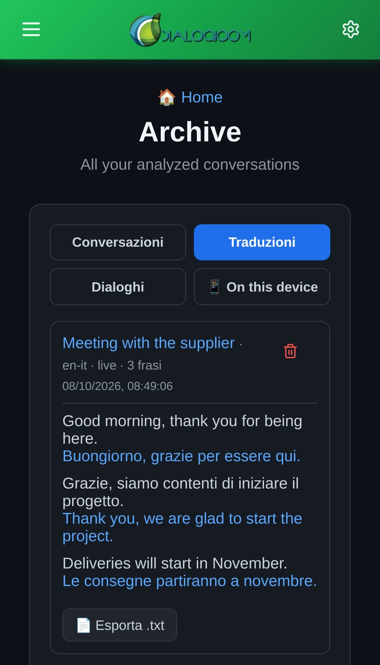 A live translation session from English to Italian, each sentence with its translation below.