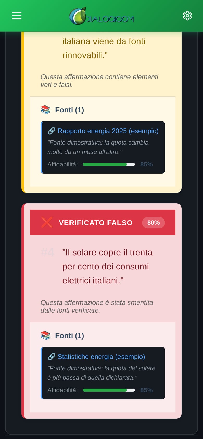 Due verdetti con le loro fonti: un'affermazione parzialmente vera e una falsa, ciascuna con il livello di confidenza.